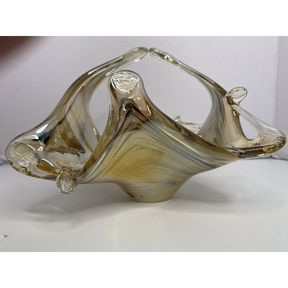 Lavorazione Arte Murano Art Glass Basket Candy Dish Iridescent Gold Black Swirl - Picture 7 of 12